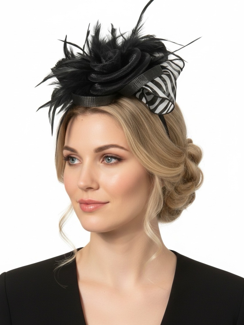 Women’s Black Fascinator Hat Black & Zebra Print Dress Hat Feathers NEW